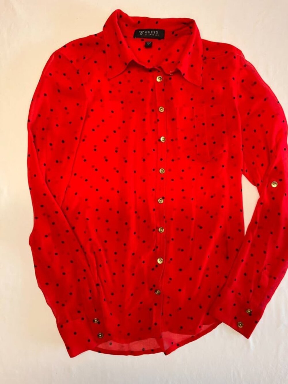 GUESS Red & Black Polka Dot Sheer Button Up Blouse Gold Hardware - XS